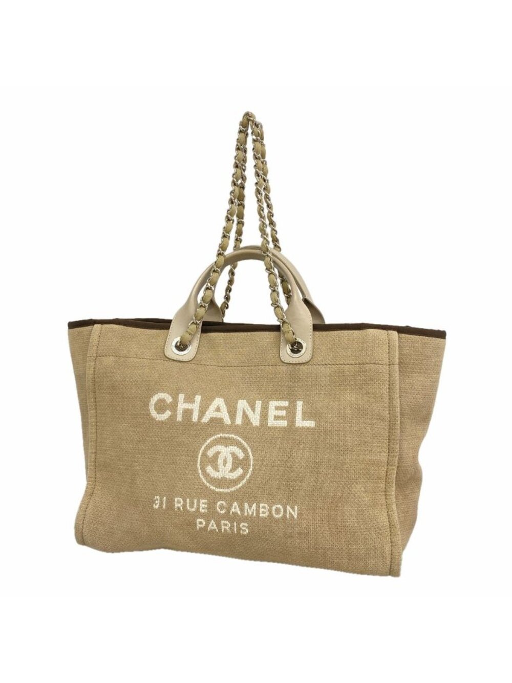 Chanel Chain Tote Bag Deauville Canvas Beige Silver 2-Way
